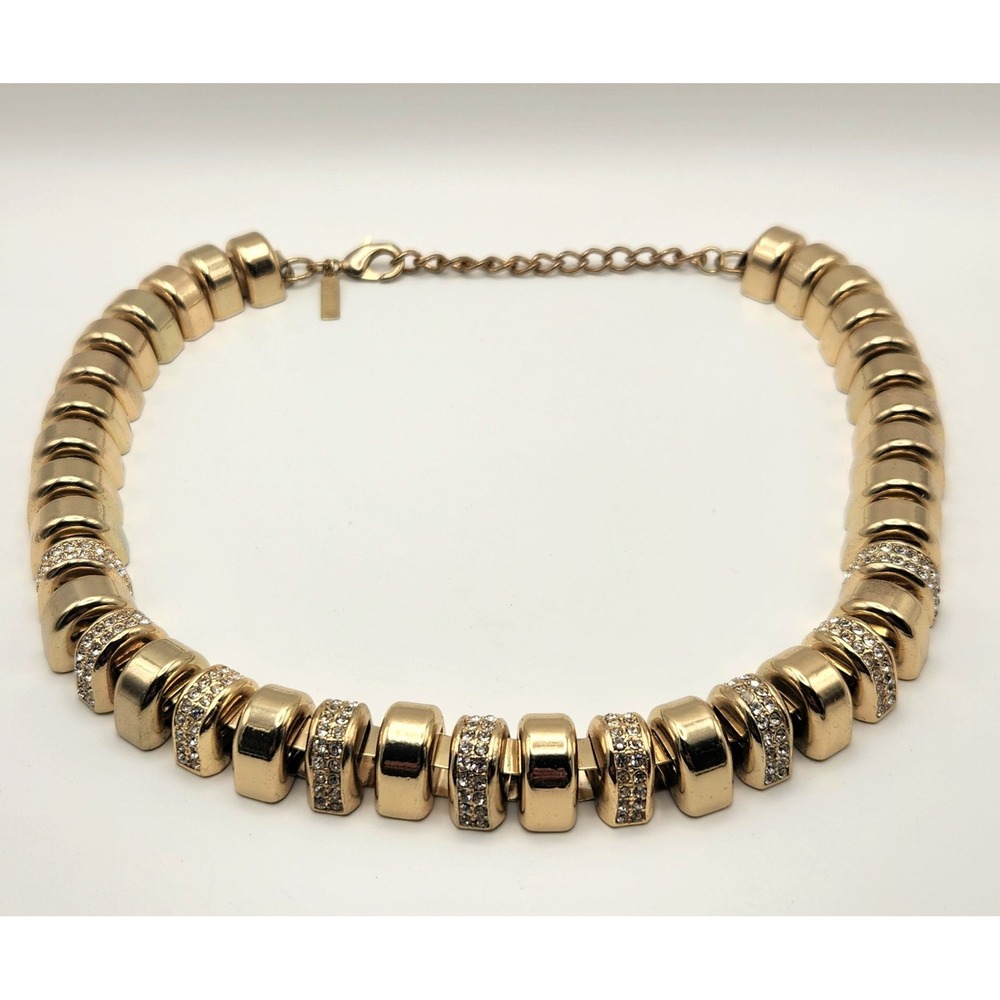 Cache Gold Tone Rhinestone Ribbed Statement Collar Necklace 18 Inch - Picture 3 of 16
